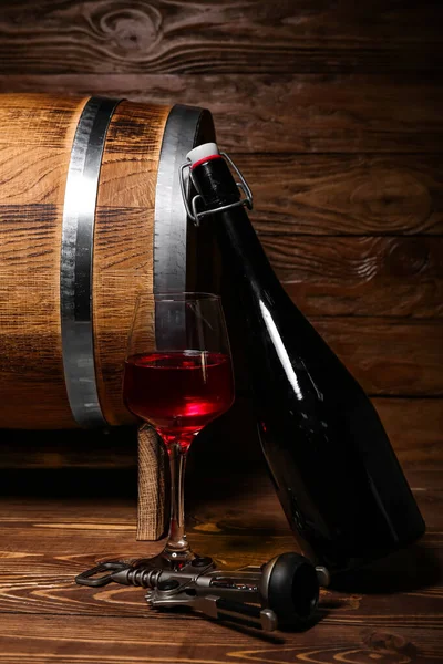 Oak Barrel Bottle Glass Wine Wooden Background — Stock Photo, Image