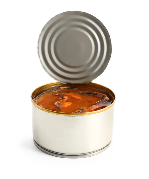 Opened Tin Can Fish Tomato Sauce Isolated White Background — Stock Photo, Image