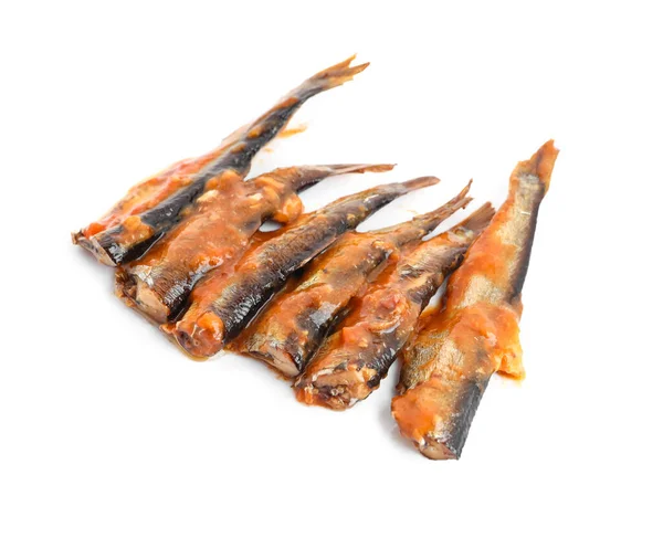 Rybí Konzervy Rajčatové Omáčce Izolovaných Bílém Pozadí — Stock fotografie
