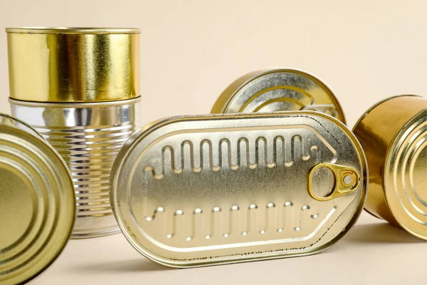 Tin Cans Fish Beige Background — Stock Photo, Image