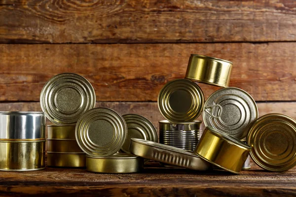 Different Tin Cans Fish Wooden Table — Stock Photo, Image