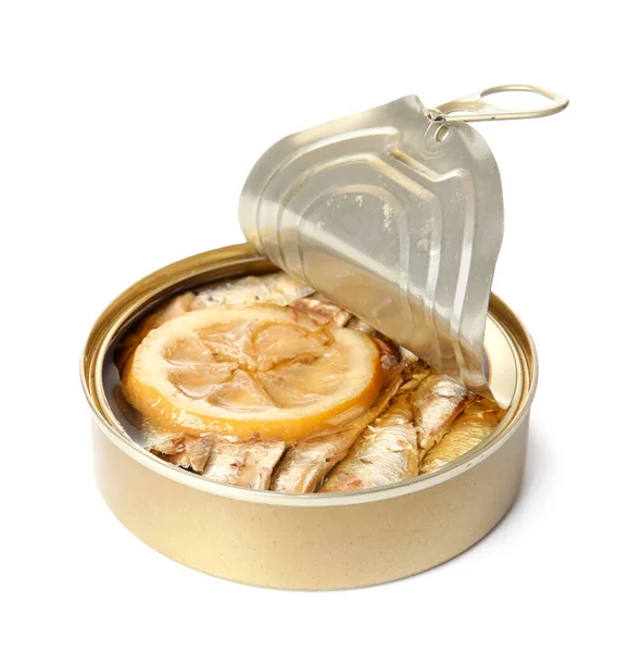 Opened Tin Can Sprats Oil Lemon Isolated White Background — Stock Photo, Image