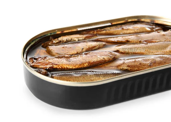 Opened Tin Can Sprats Oil Isolated White Background — Stock Photo, Image