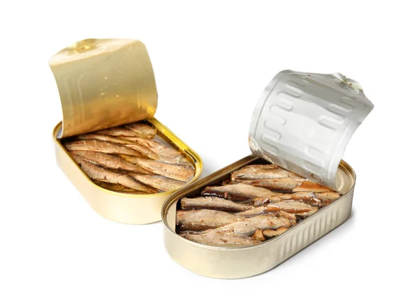 Opened Tin Cans Sprats Oil Isolated White Background — Stock Photo, Image
