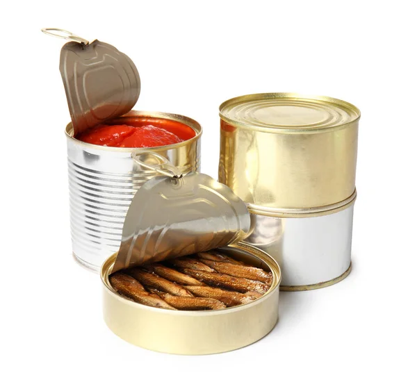 Opened Tin Cans Sprats Tomato Sauce Isolated White Background — Stock Photo, Image
