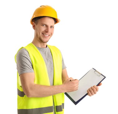 Beyaz arkaplanda panosu olan erkek mühendis