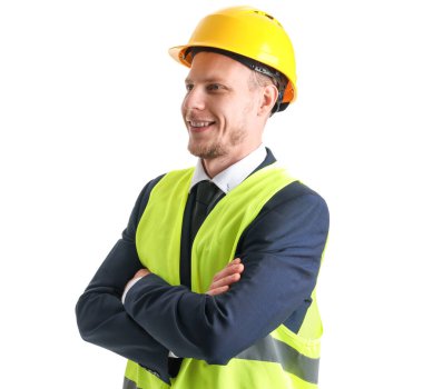 Male architect in vest on white background