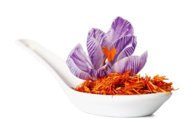 Kurumuş safran iplikli seramik kaşık ve beyaz arka planda izole edilmiş crocus çiçeği.