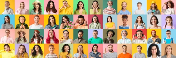 Collection of beautiful people on color background