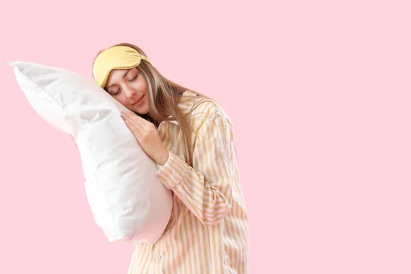 Young Woman Sleeping Mask Soft Pillow Pink Background — стоковое фото