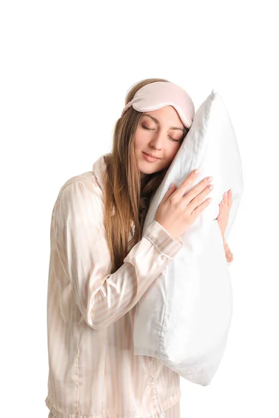 Junge Frau Mit Schlafmaske Und Kopfkissen Auf Weißem Hintergrund — Stockfoto