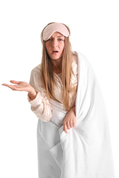 Upset Young Woman Sleeping Mask Blanket White Background — Stok fotoğraf
