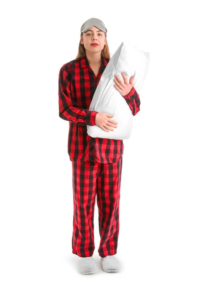 Young Woman Checkered Pajamas Pillow White Background — Stok fotoğraf