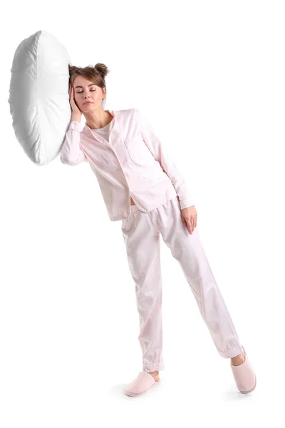 Beautiful Woman Pajamas Pillow White Background — Stockfoto