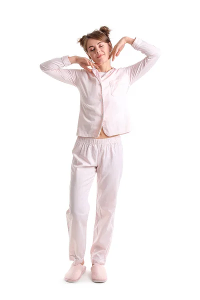 Sleepy Young Woman Pajamas White Background — Stock Photo, Image