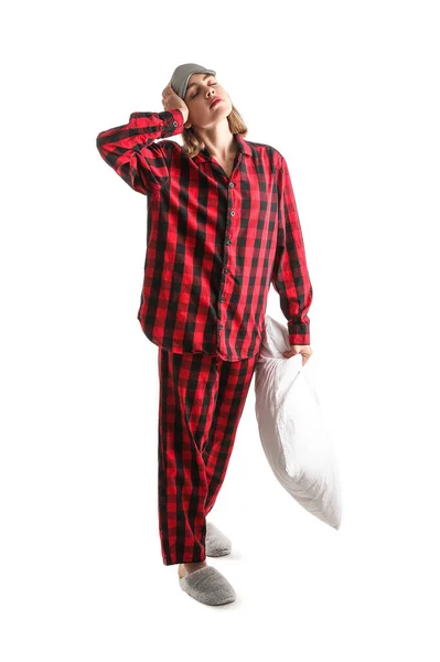 Young Woman Checkered Pajamas Pillow White Background — Stockfoto