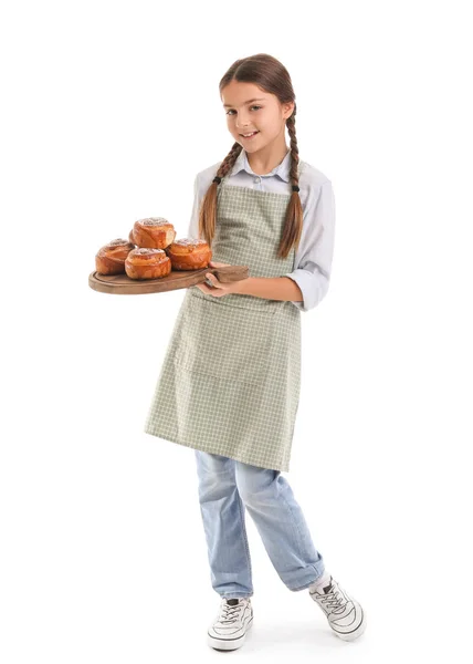 Kleine Bakker Met Bord Van Lekkere Broodjes Witte Achtergrond — Stockfoto