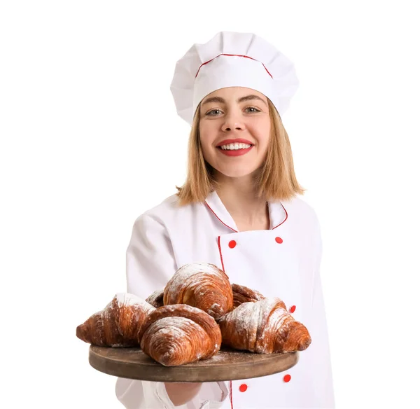 Fêmea Padeiro Com Placa Croissants Saborosos Fundo Branco — Fotografia de Stock