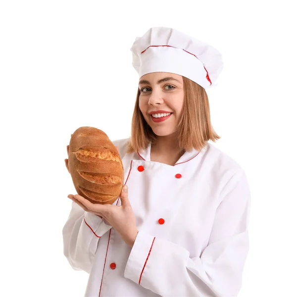 Female Baker Fresh Bread White Background — Stock fotografie