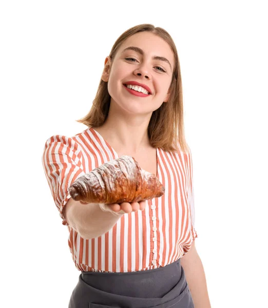Female Baker Tasty Croissant White Background — Fotografia de Stock