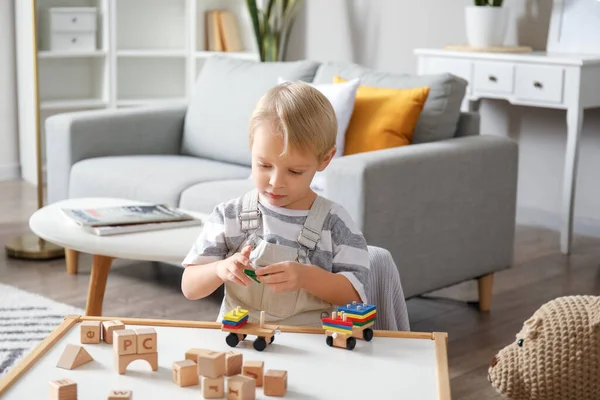 Cute Little Boy Playing Wooden Toys Home — Stock Photo, Image