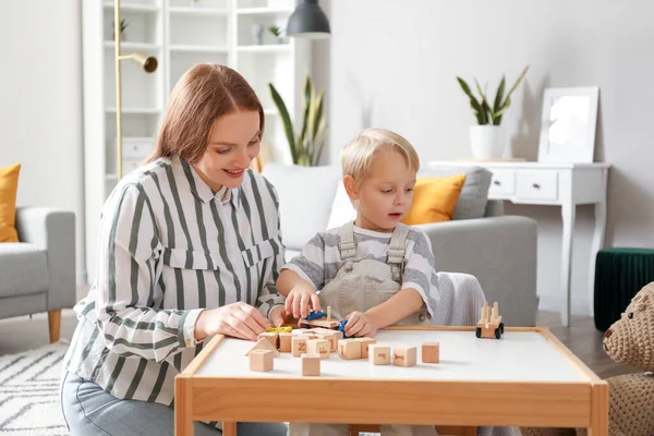 Mother Her Little Son Playing Wooden Toys Home — Stock Photo, Image