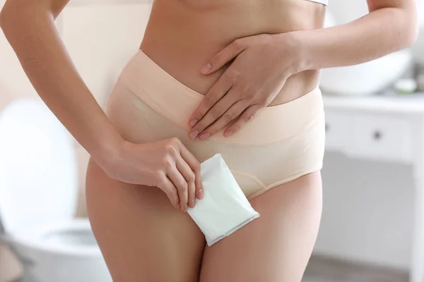 Young Woman Period Panties Menstrual Pad Home Closeup — Fotografia de Stock