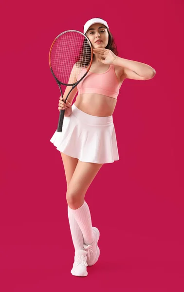 Young Woman Tennis Racket Pink Background — Stock Photo, Image