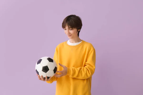 Teenage Boy Soccer Ball Lilac Background — Stock Fotó