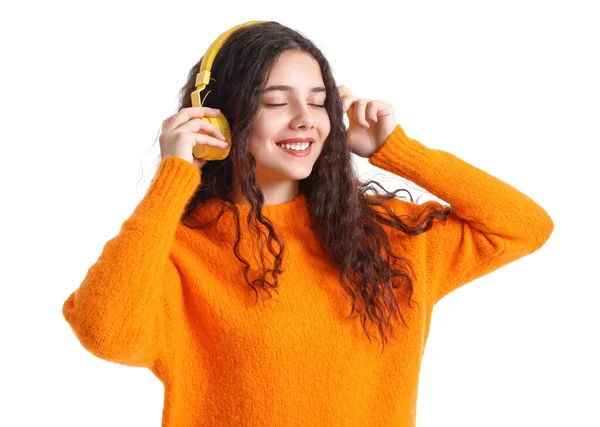 Adolescente Auriculares Escuchando Música Sobre Fondo Blanco —  Fotos de Stock