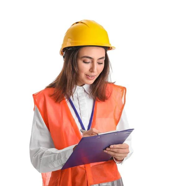 Female Engineer Clipboard White Background — Fotografia de Stock