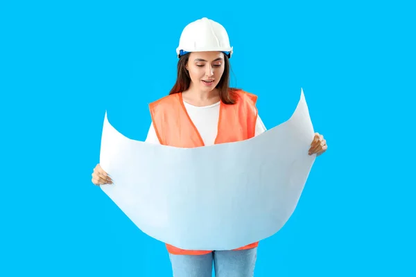 Female Engineer Drawing Blue Background — 스톡 사진