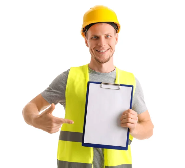 Male Engineer Clipboard White Background — Stock Photo, Image