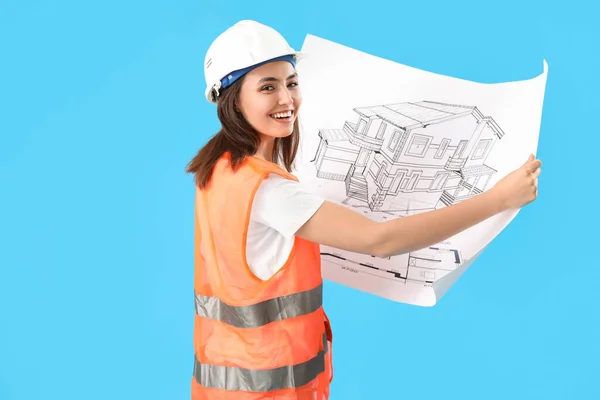 Female Engineer Drawing Blue Background — Stockfoto