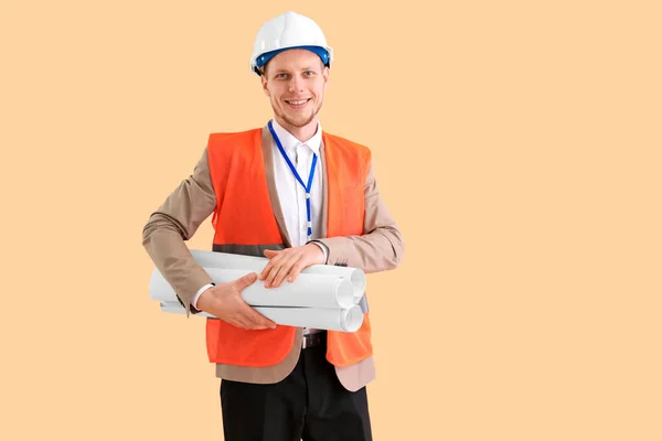 Male Architect Drawing Beige Background — Foto Stock