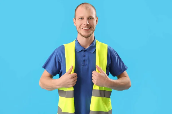 Male Worker Vest Blue Background — Stock Photo, Image