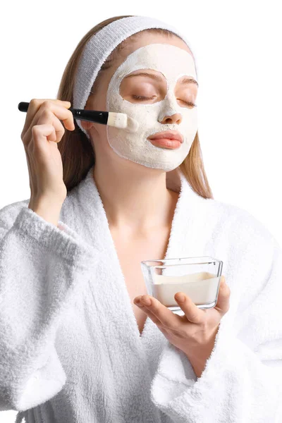 Young Woman Applying Turmeric Mask Brush White Background Closeup — Stock Photo, Image