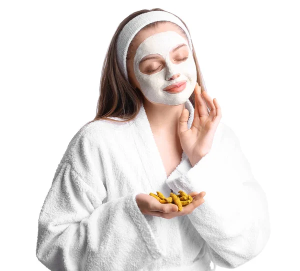 Young Woman Applied Turmeric Mask Roots White Background — Stok Foto