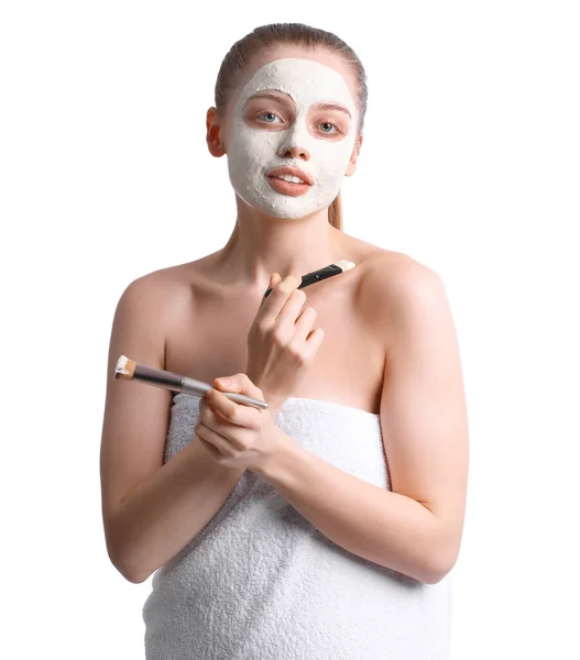 Young Woman Applied Turmeric Mask Brushes White Background — Stock Fotó
