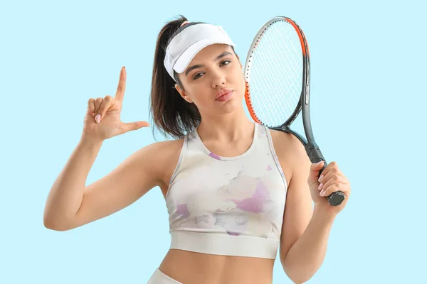 Sporty Young Woman Racket Showing Loser Gesture Blue Background — Stock Photo, Image