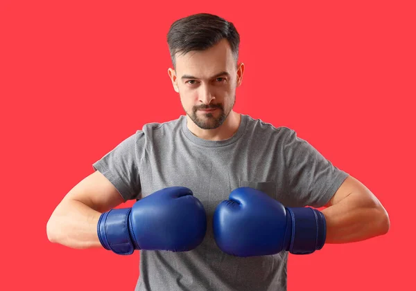 Sporty Young Man Boxing Gloves Red Background — Stock Photo, Image