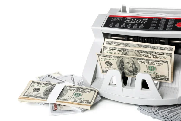 Cajero Automático Moderno Con Billetes Dólares Sobre Fondo Blanco Primer —  Fotos de Stock