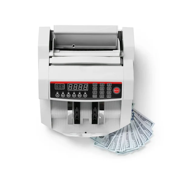 Nowoczesna Maszyna Liczenia Gotówki Banknotami Dolarowymi Białym Tle — Zdjęcie stockowe