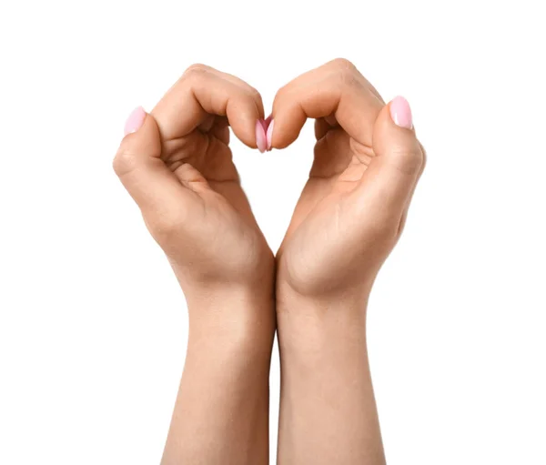 Woman Making Heart Her Hands White Background — Stock Photo, Image