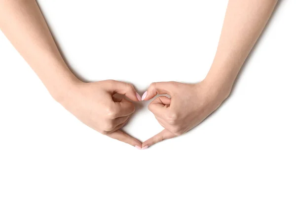 Kadın Kalp Elleri Beyaz Arka Plan Üzerinde Yapma — Stok fotoğraf