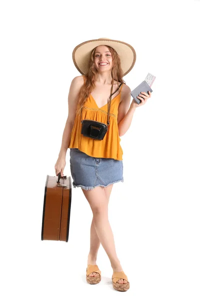 Turista Femenina Con Pasaporte Maleta Sobre Fondo Blanco — Foto de Stock
