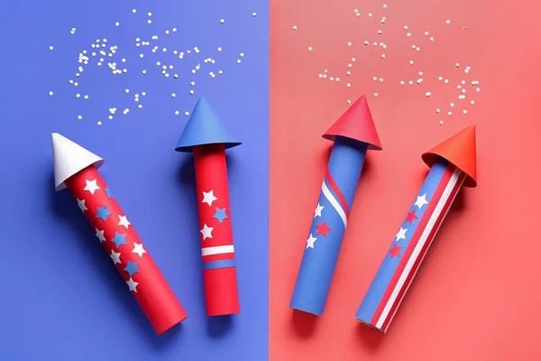 Firework Rockets Confetti Independence Day Colorful Background — Stock Photo, Image