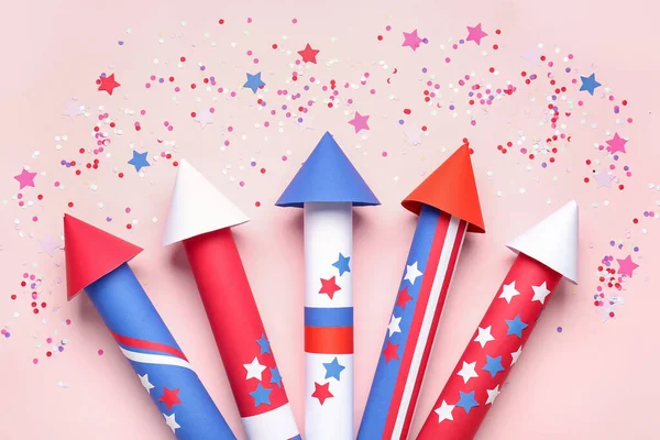 Firework Rockets Confetti Serpentine Independence Day Pink Background — Stock Photo, Image