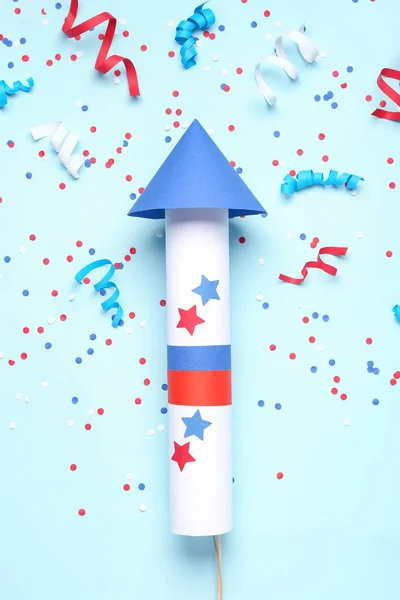Firework Rocket Confetti Serpentine Independence Day Blue Background — Stock Photo, Image