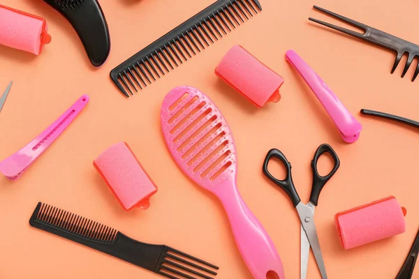 Composition Hairdressing Accessories Red Background — Stock Photo, Image